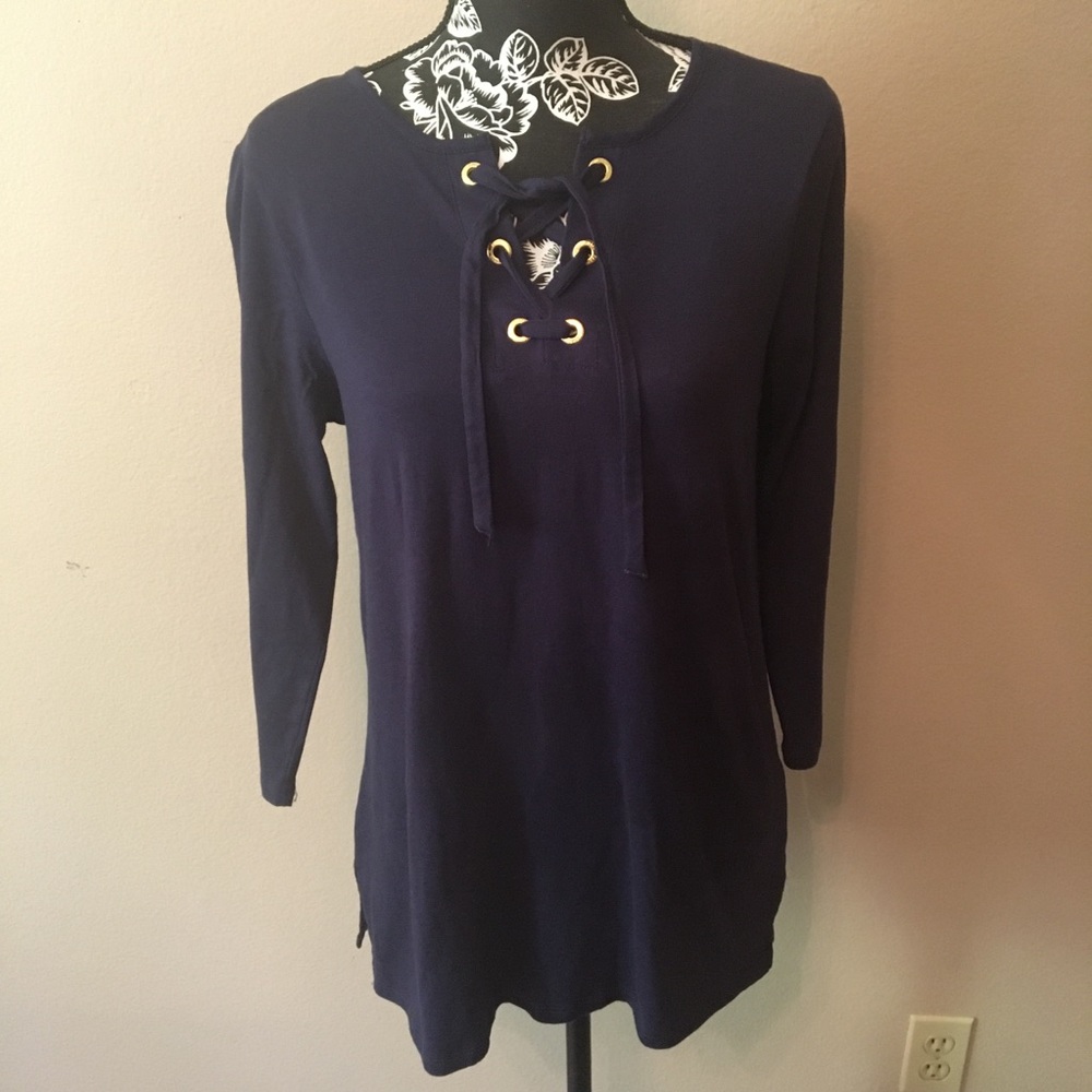 M MICHAEL KORS TIE TOP NAVY & GOLD COTTON MODAL BLEND 3/4 SLEEVED TEE SHIRT